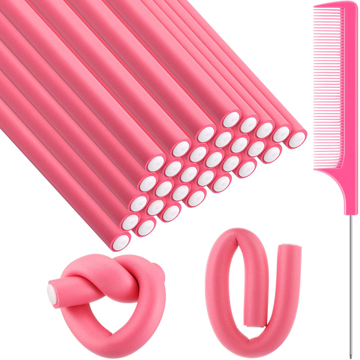 Syhood 30 Pieces Foam Hair Rollers, No Heat Flexible Curling Rods with Steel Pintail Comb - Pink