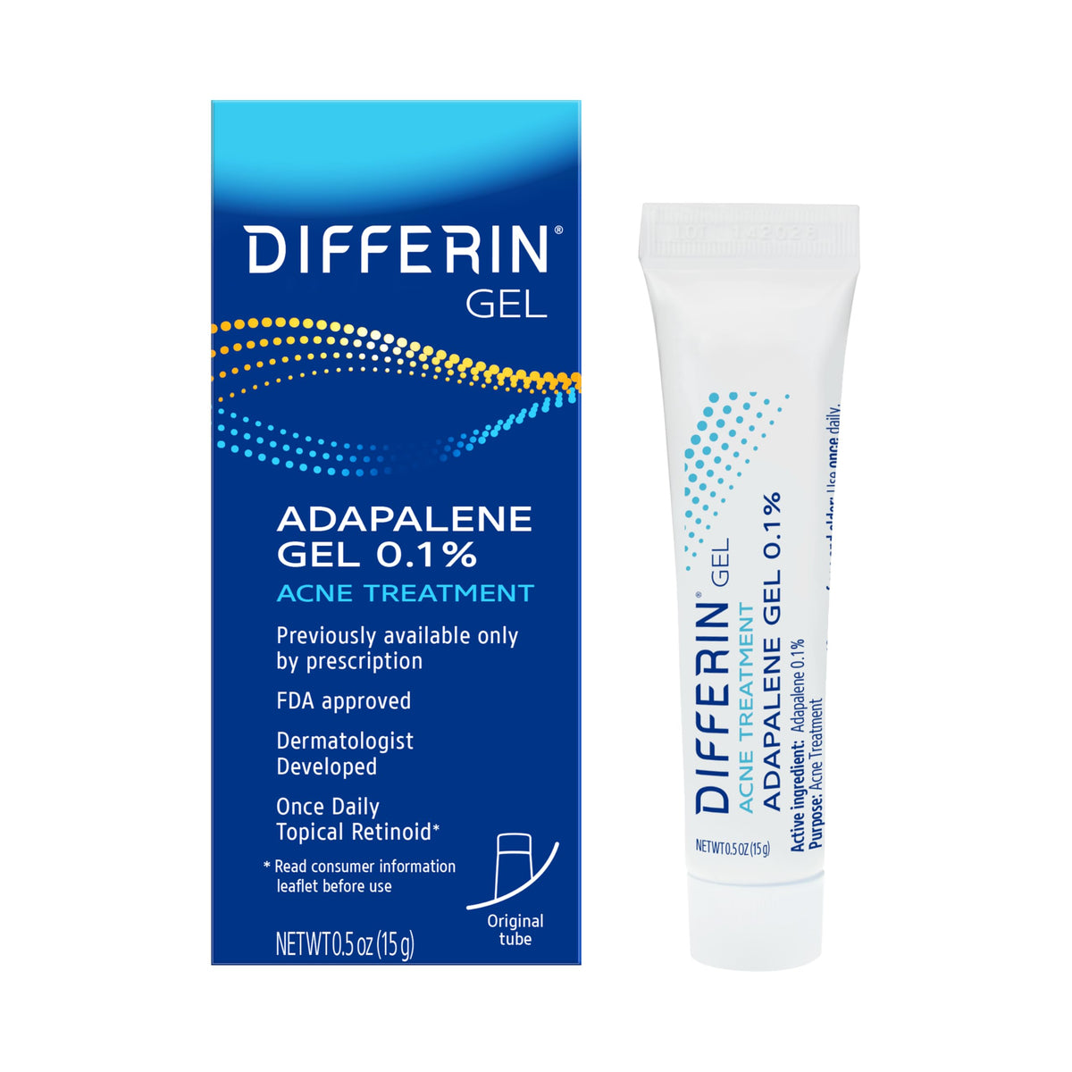 Differin Acne Treatment Gel, 0.1% Adapalene, 30 Day Supply, For Sensitive Skin, 15G Tube