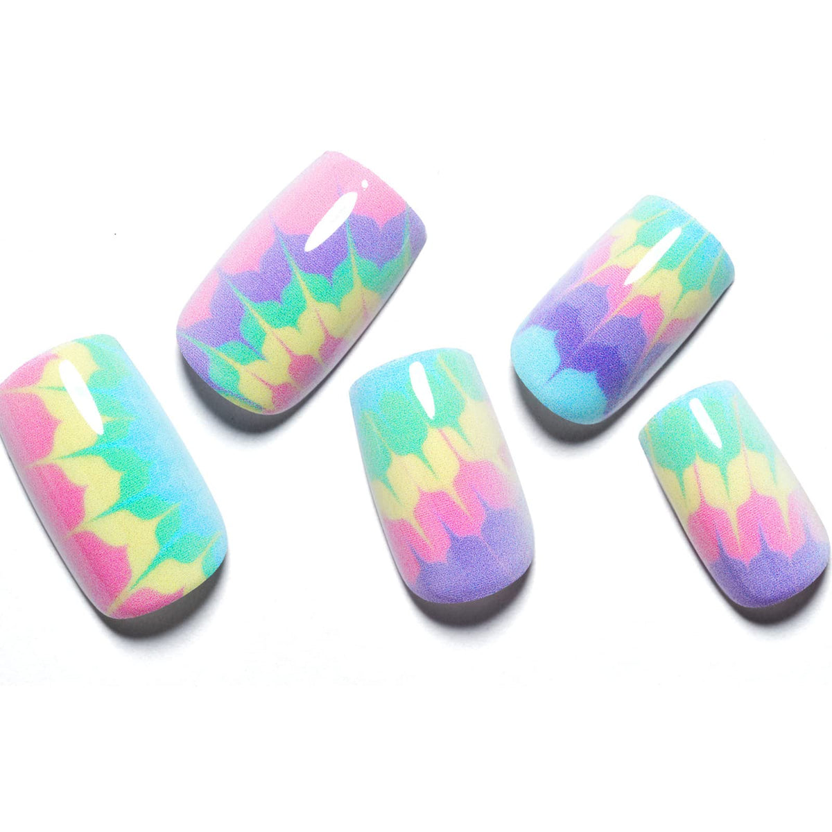 GLAMERMAID Tie Dye Press on Nails - Ombre Green Pink Purple, Medium Square, Glossy Short Fake Nails