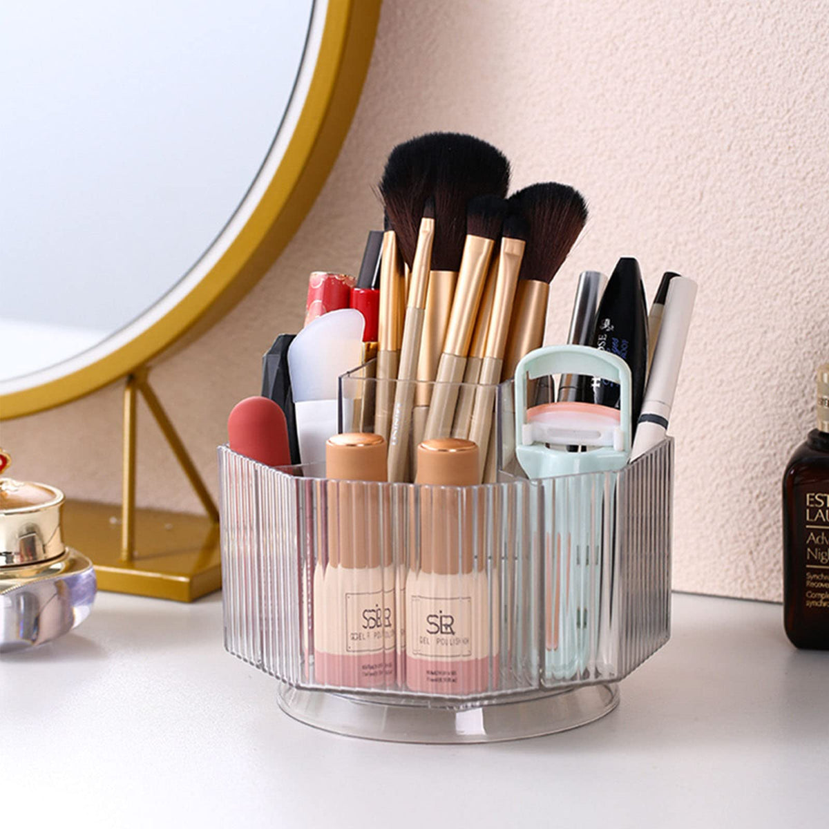 Linfidite 360° Rotating Makeup Brush Holder - Clear Acrylic Vanity Organizer With 5 Slots