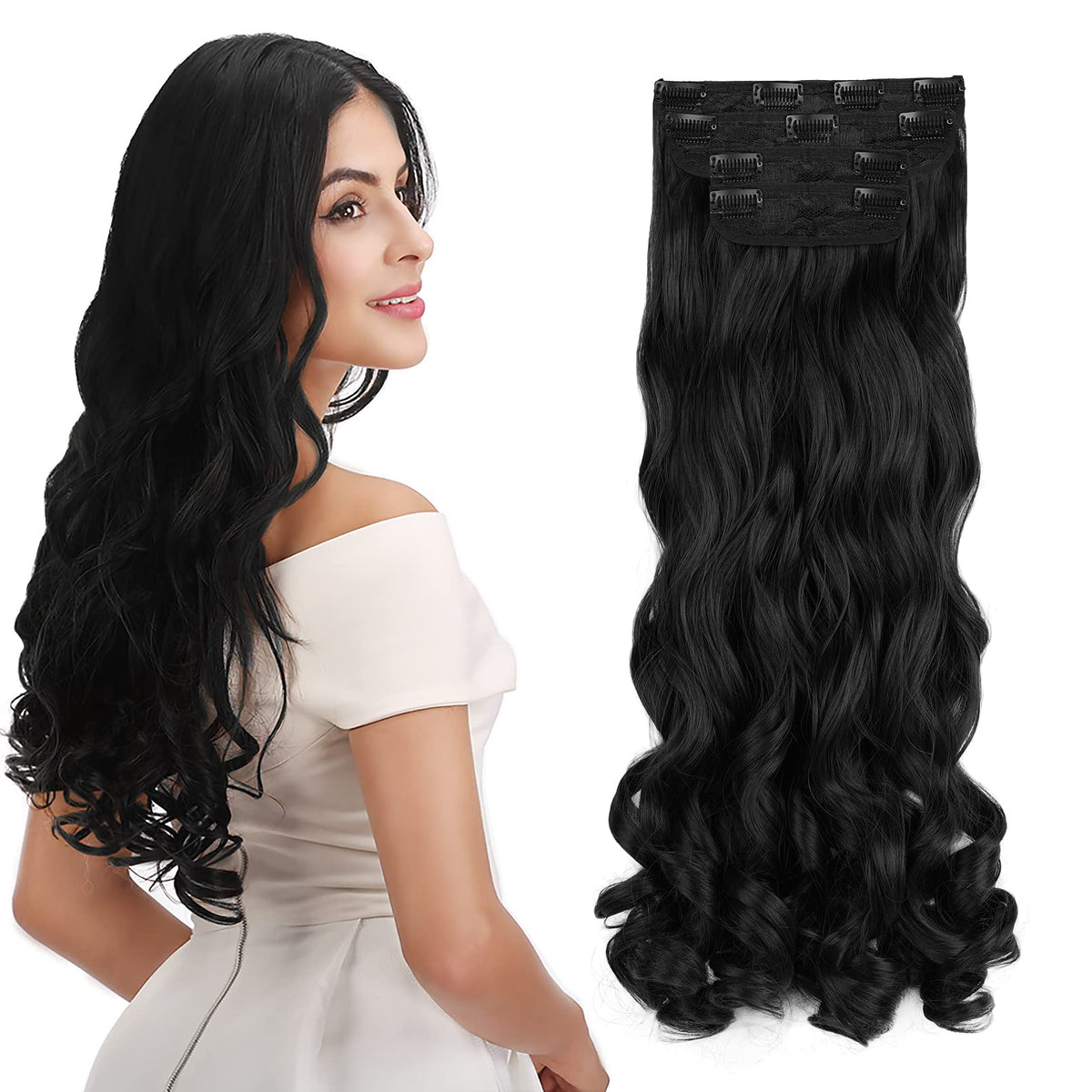 Reecho 20&quot; Curly Wavy Clip-In Hair Extensions Set, Natural Black, 260G - 4 Pieces