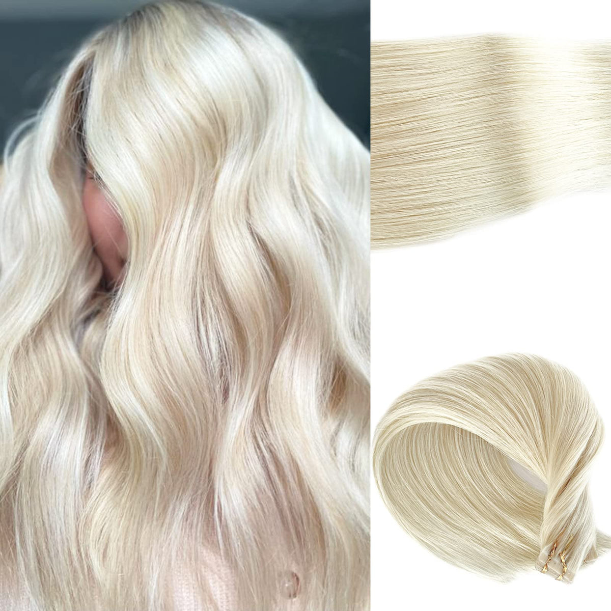 Benafee 16&quot; Platinum Blonde Tape In Hair Extensions - 20Pcs Real Human Hair, Invisible, Double-Sided