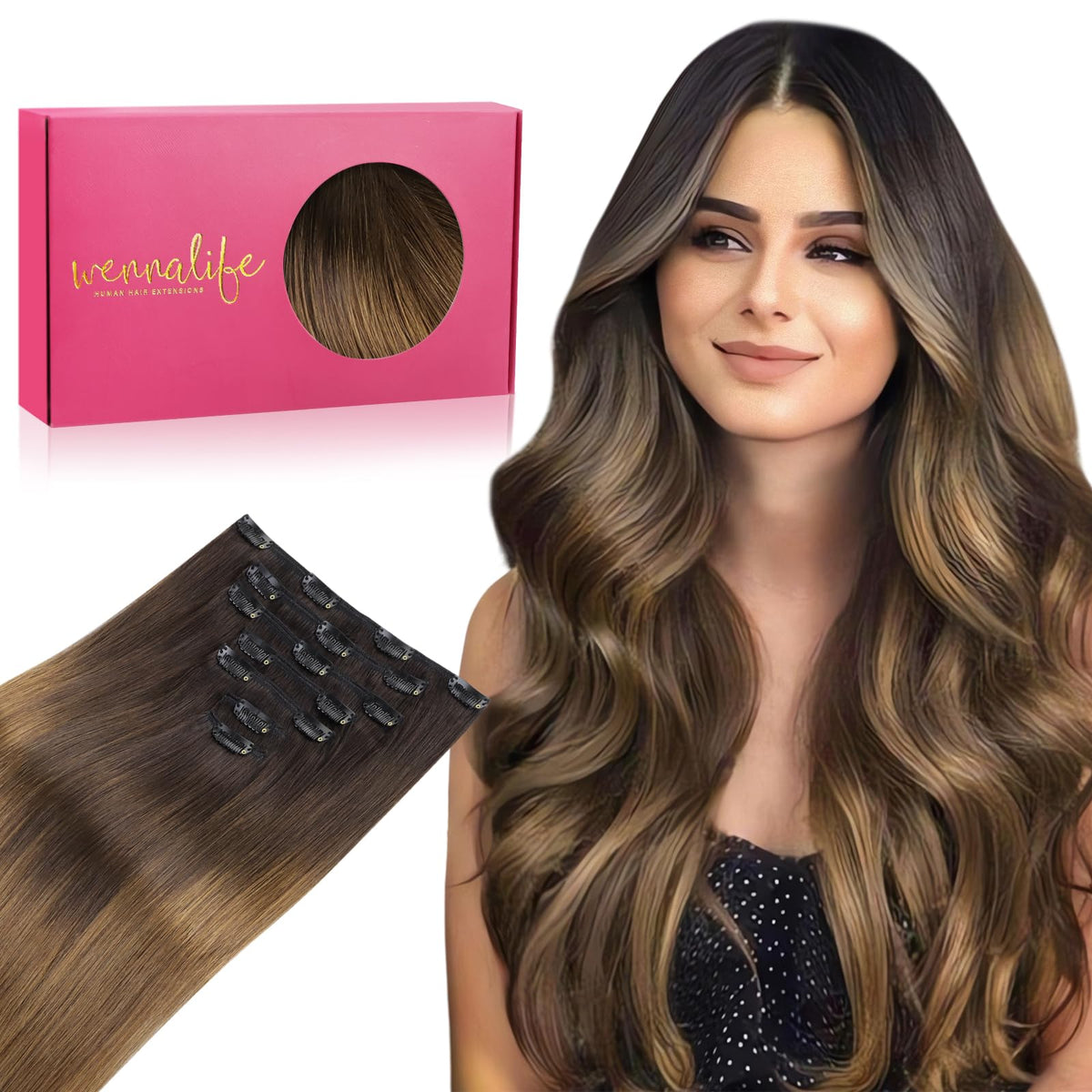 WENNALIFE 20&quot; Clip In Real Human Hair Extensions, Ombre Dark to Light Chestnut, 120g, 7