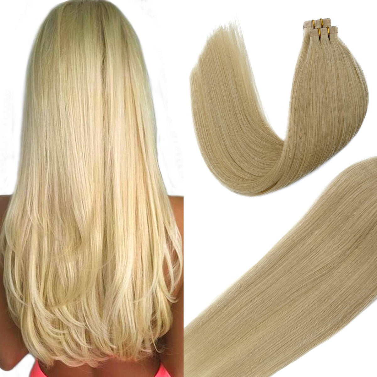 Ubetta 24&quot; Tape In Hair Extensions - 20 Pieces Remy Human Hair, Bleach Blonde, Seamless Weft