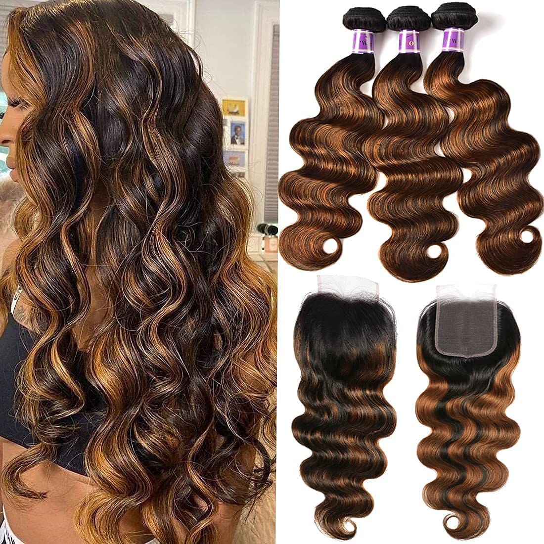 UNICE Brown Highlight Body Wave Human Hair 3 Bundles & 4x4 Closure, Ombre FB30, 20&quot;22