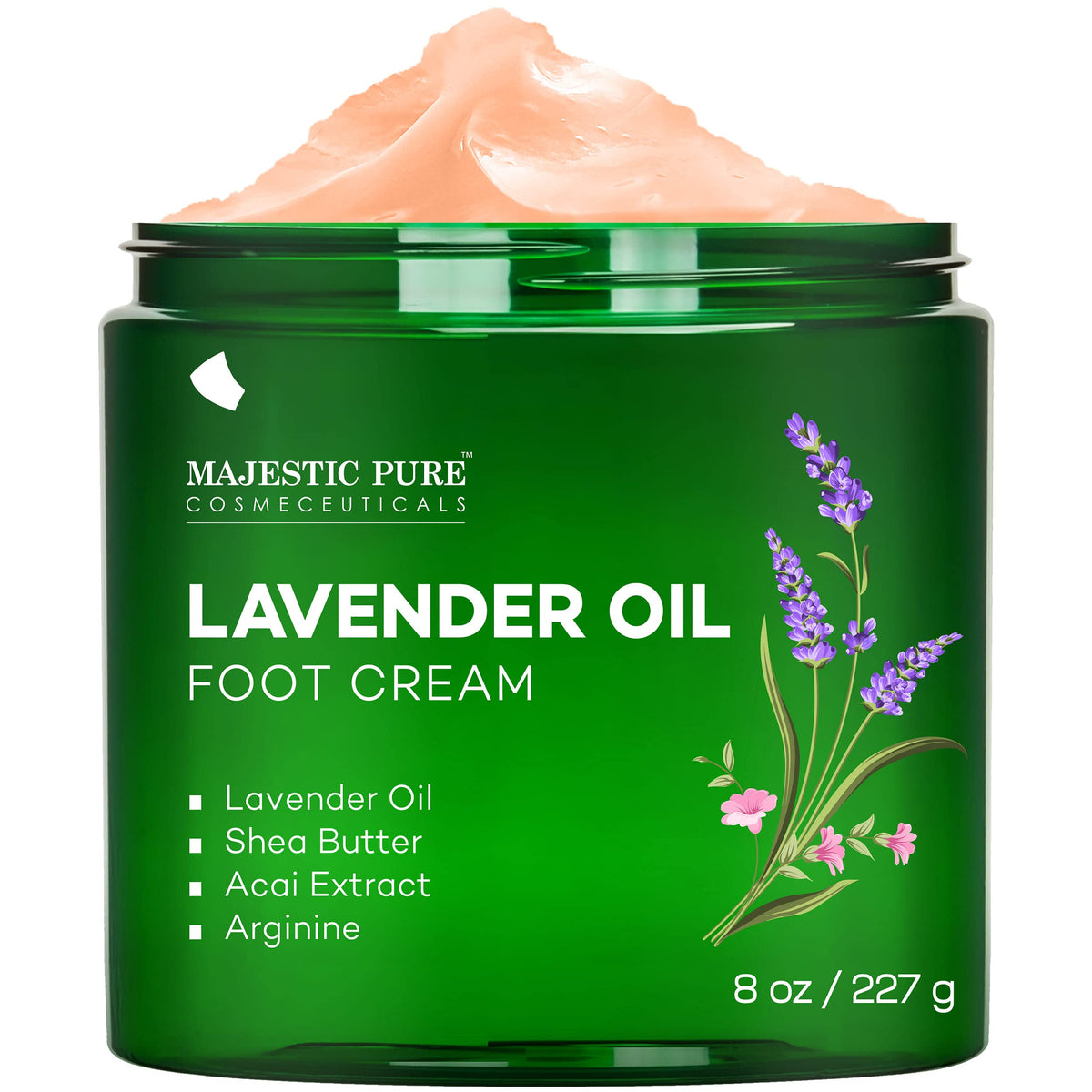 Majestic Pure Lavender Oil Foot Cream - Moisturizes & Softens Dry Cracked Skin - 8 Oz