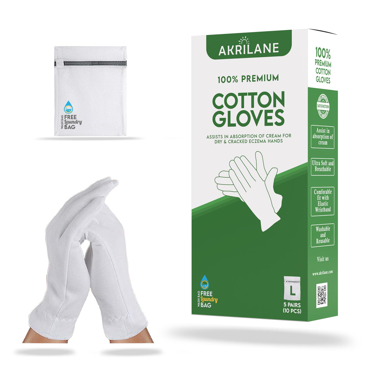 Akrilane Large 5 Pairs Cotton Gloves For Dry Hands | Moisturizing Eczema Treatment