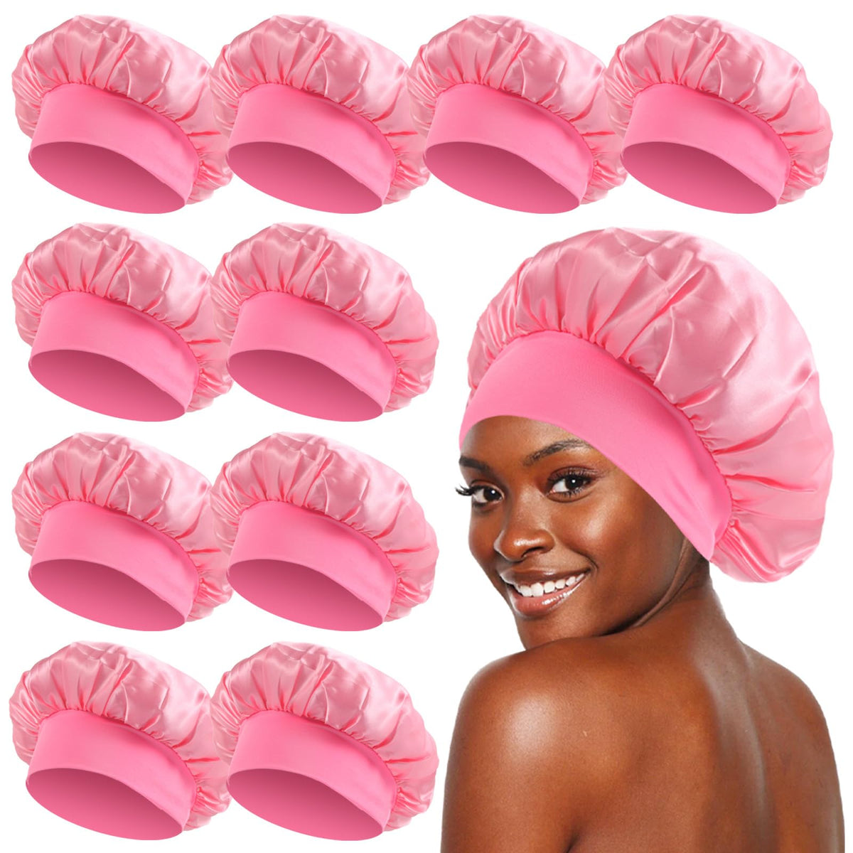 Kepuway Pink Satin Bonnet Set - 10 Pcs Hair Wraps With Elastic Band For Sleeping & Shower