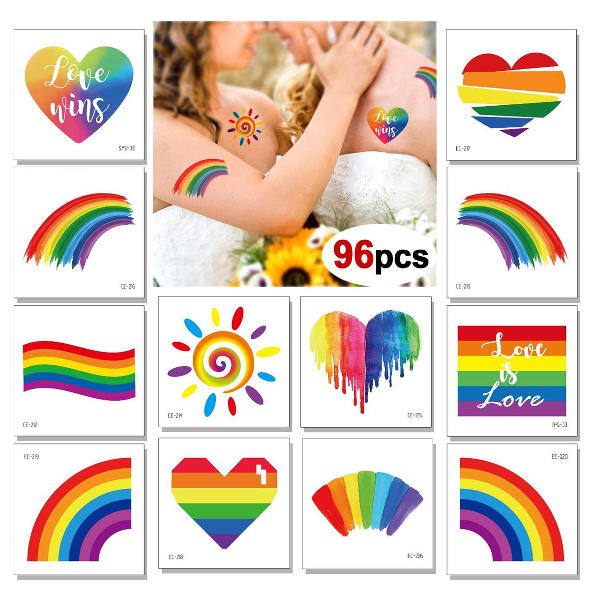 Konsait 96 Sheets Rainbow Pride Temporary Tattoos - Waterproof Face & Body Makeup For Parties