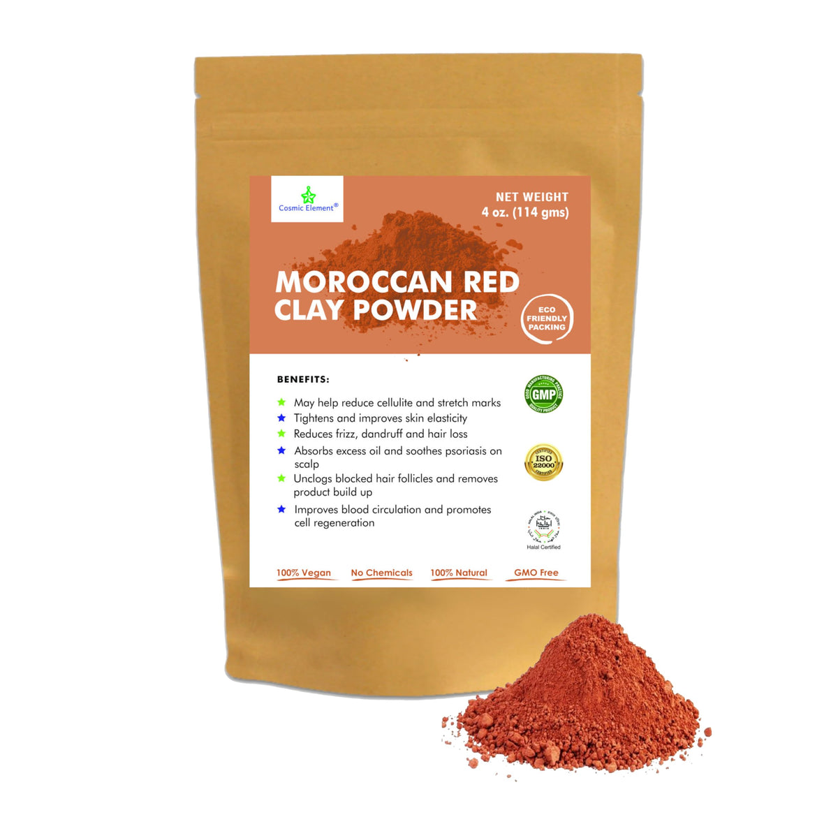 Cosmic Element Moroccan Red Clay Powder - 4 Oz Clay Mask For Face, Body & Hair Care