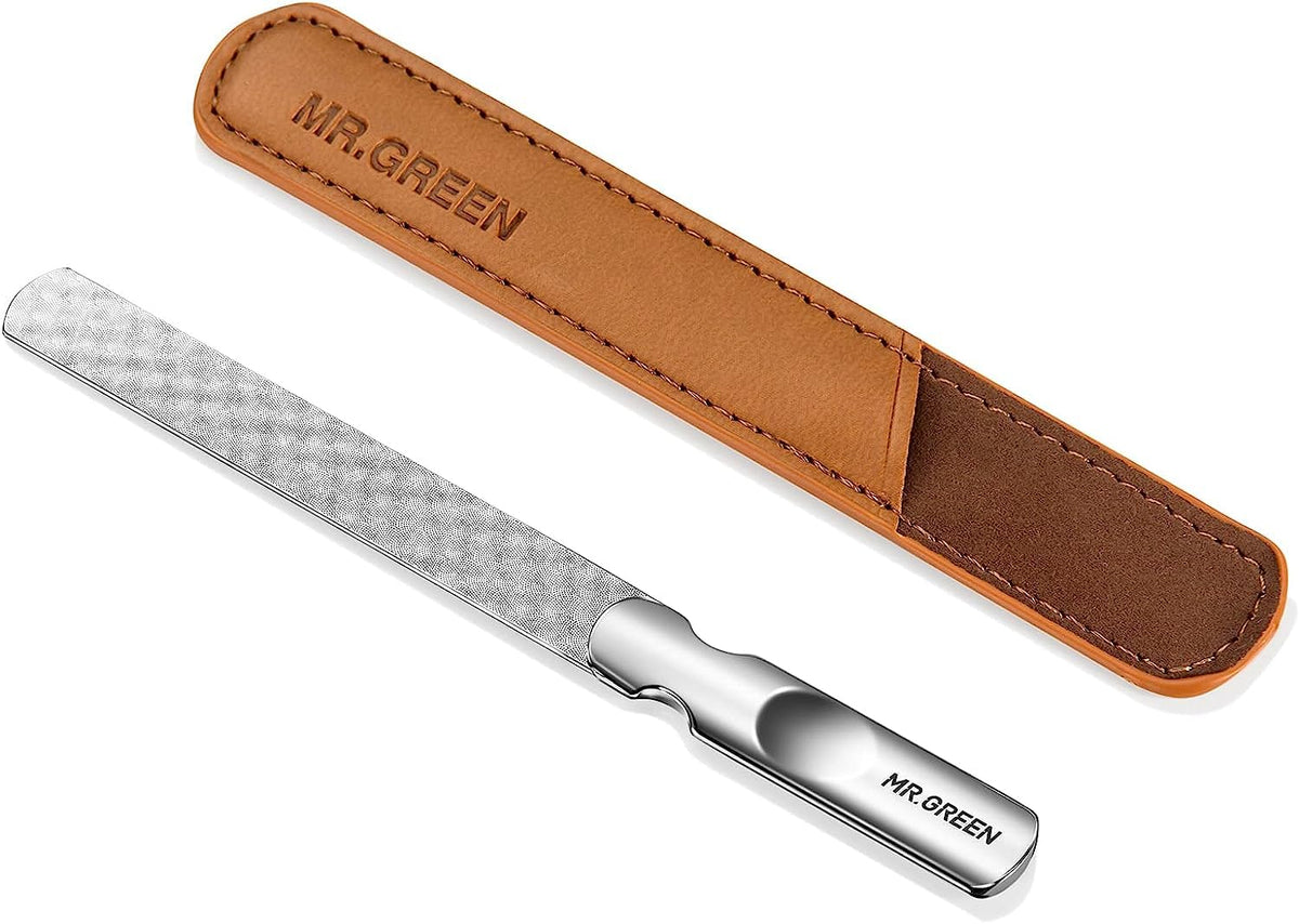 Mr.Green Stainless Steel Nail File, Double Sided With Anti-Slip Handle & Leather Case, Silver