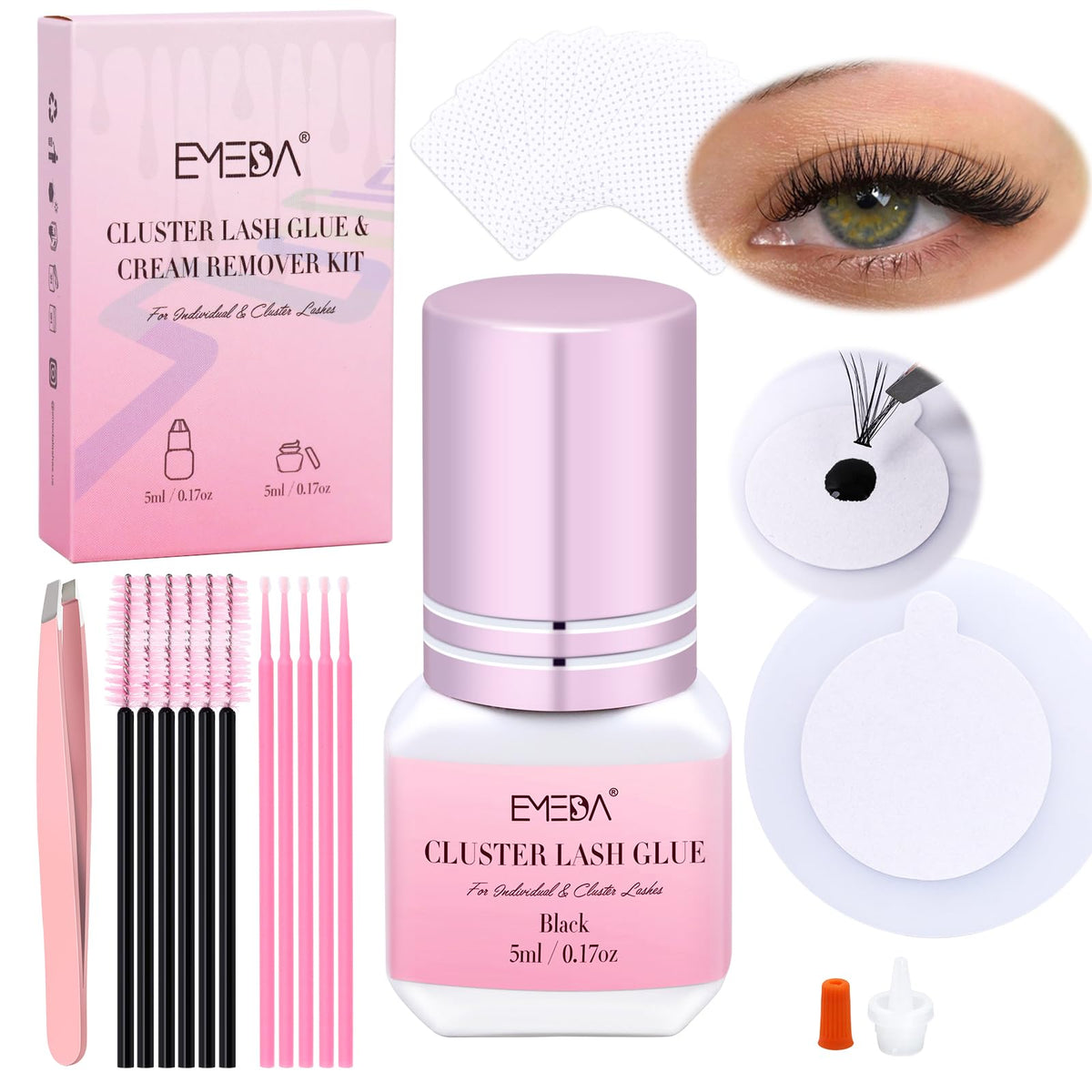 Emeda Lash Cluster Glue Kit, Waterproof, Latex-Free, Strong Hold, 5Ml Black For Diy Extensions