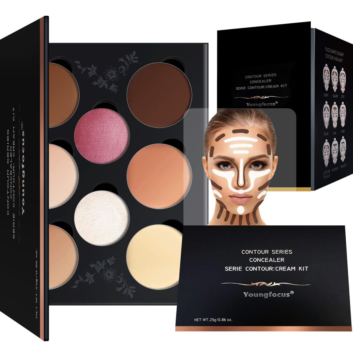 Youngfocus 8 Color Cream Contour Kit - Vegan Highlighting Makeup & Concealer Palette