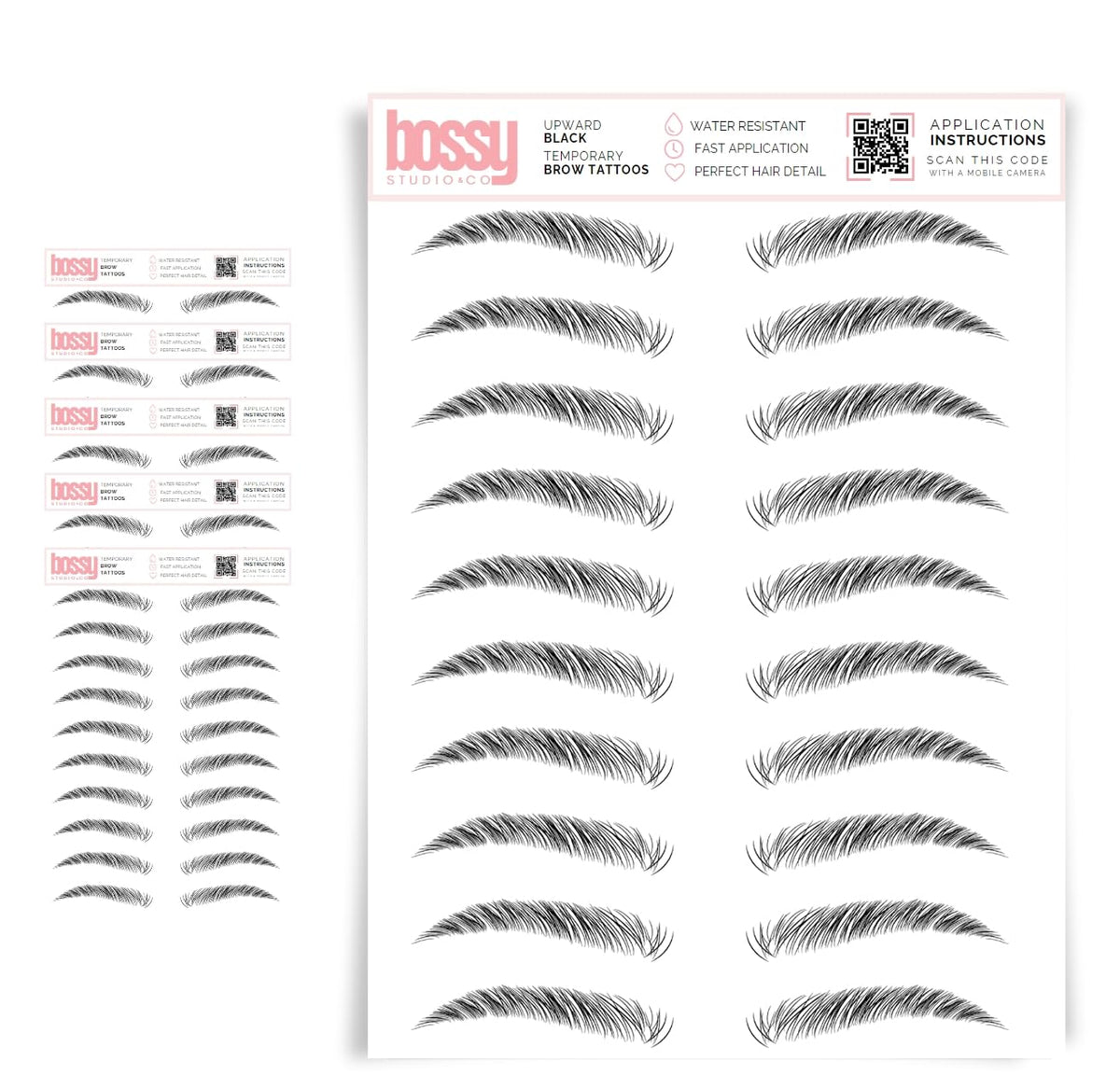 Brows By Bossy 5 Pack Waterproof Eyebrow Tattoos - Natural Strokes, Upward Black Stickers