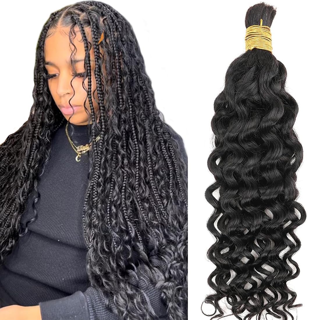 Misoun Water Wave Hair Bulk 20&quot; For Braiding - Brazilian Virgin Human Hair, Curly, Nature Black