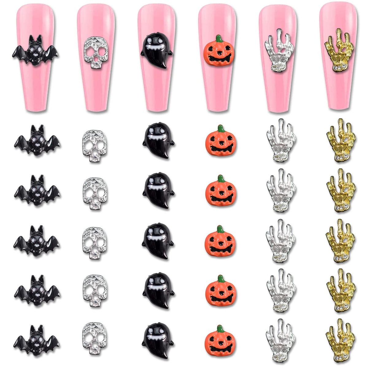 Wokoto 30Pcs Halloween Nail Charms Set - Metal Bat, Pumpkin, Skull & Ghost For Nail Art