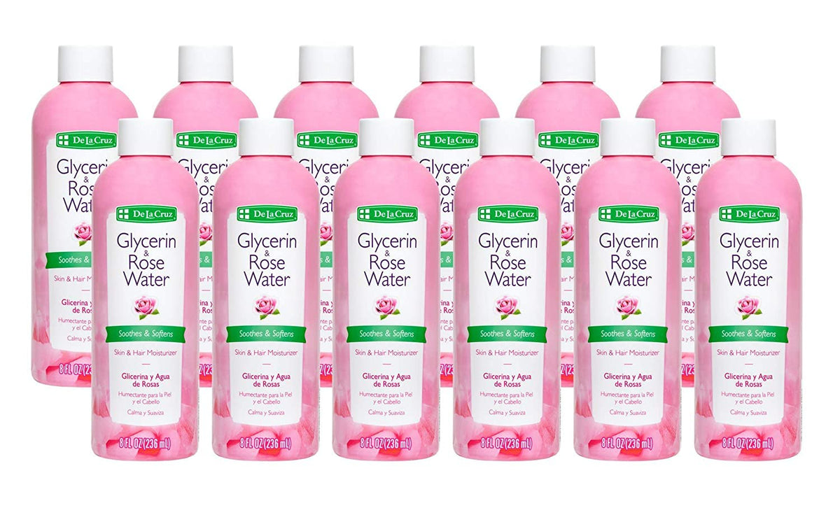 De La Cruz Rose Water & Glycerin Facial Toner & Moisturizer - 12 Bottles, 8 Fl Oz