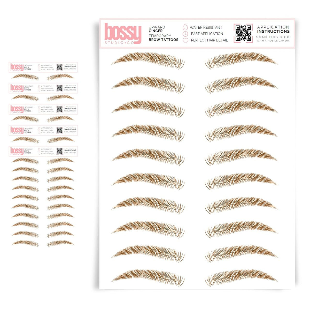 Brows By Bossy 5 Pack Waterproof Eyebrow Tattoos, Upward Ginger Peel Off Stickers For Instant Brows