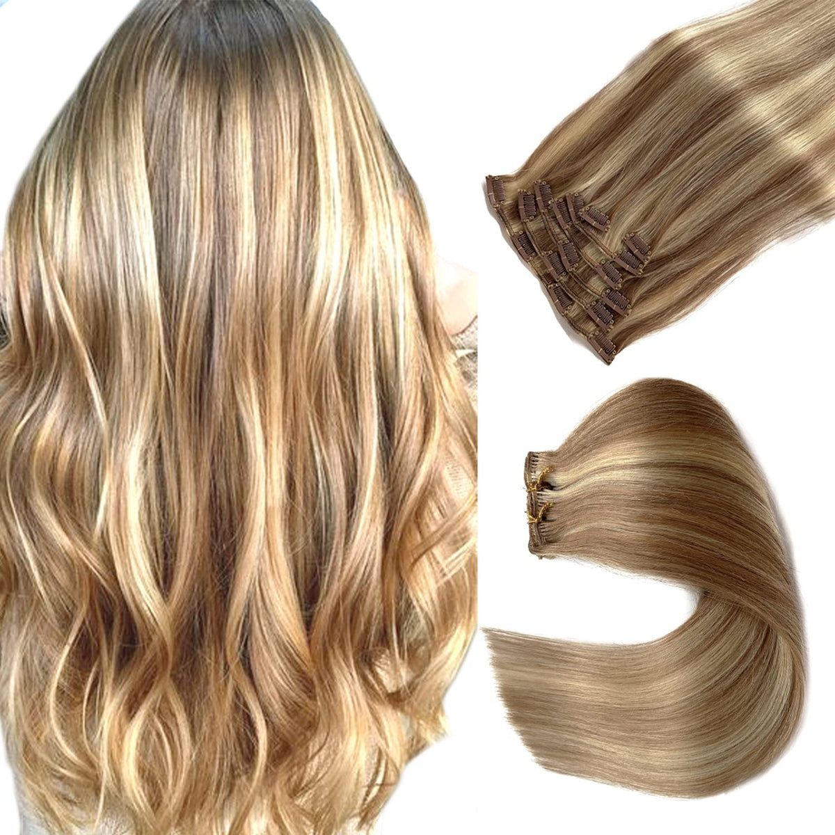 Ubetta Clip in Hair Extensions 12&quot; Remy Human Hair, Golden Brown to Blonde Highlights, 7 Pieces