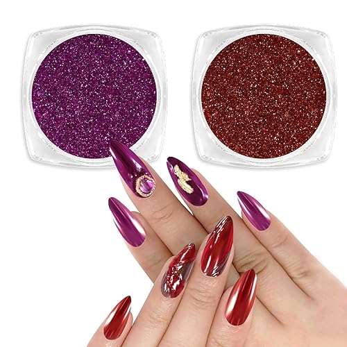 Allstarry Chrome Nail Powder 2pcs - Metallic Mirror Effect Raspberry Purple Glitter for Nail Art