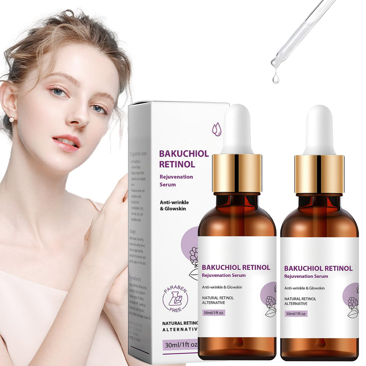 Iaolose 2 Pcs Bakuchiol Retinol Serum For Face, Anti-Aging, Reduce Wrinkles, 1 Fl Oz