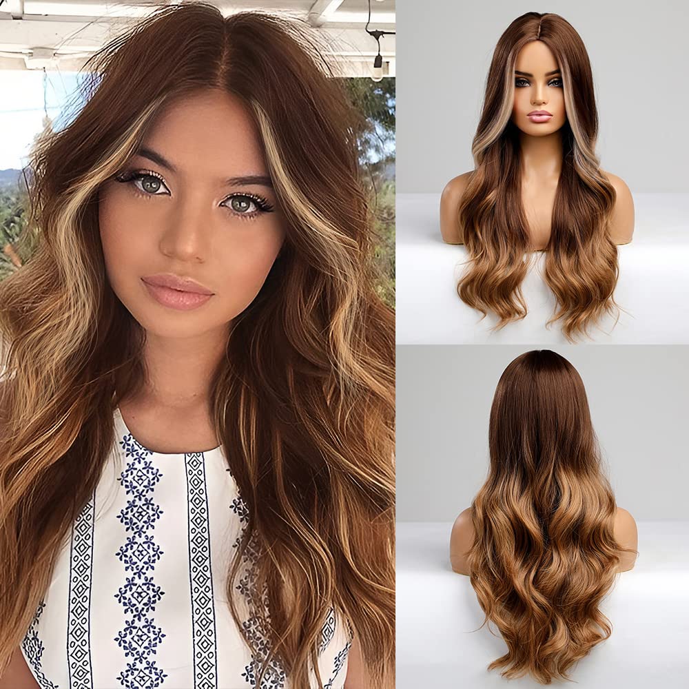 Piaou 26&quot; Ombre Brown & Blonde Wavy Synthetic Wig - Heat Resistant, Natural Look For Daily Use