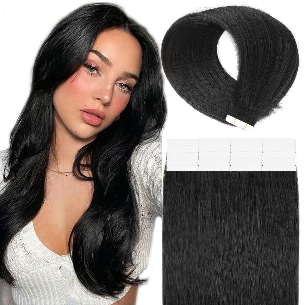 Ymeyme 16&quot; Tape In Hair Extensions - Jet Black Human Hair, Reusable Seamless Skin Weft, 50G