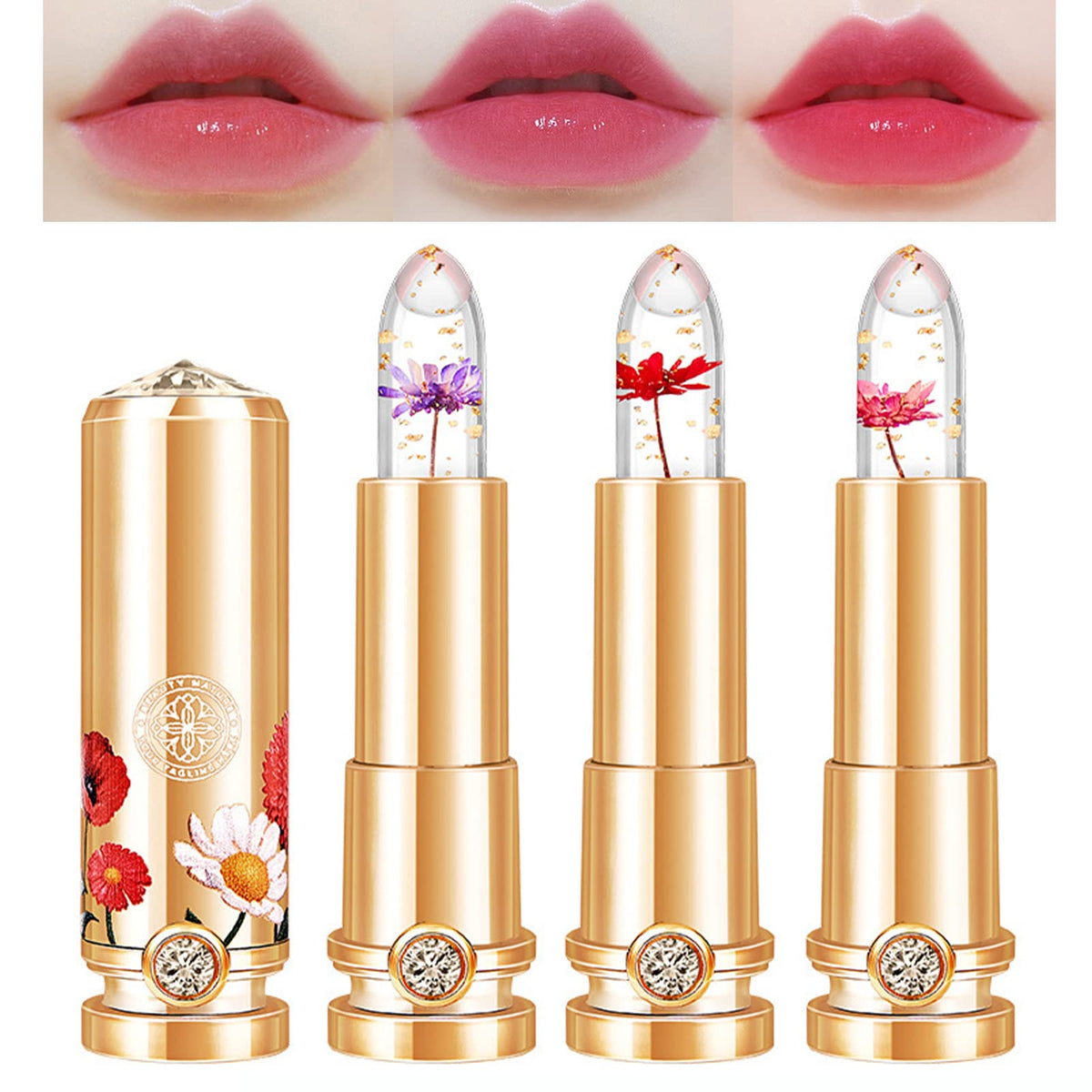 Mrettick Color Changing Lipstick Set - 3 Crystal Flower Jelly Lip Glosses, Waterproof Moisturizer