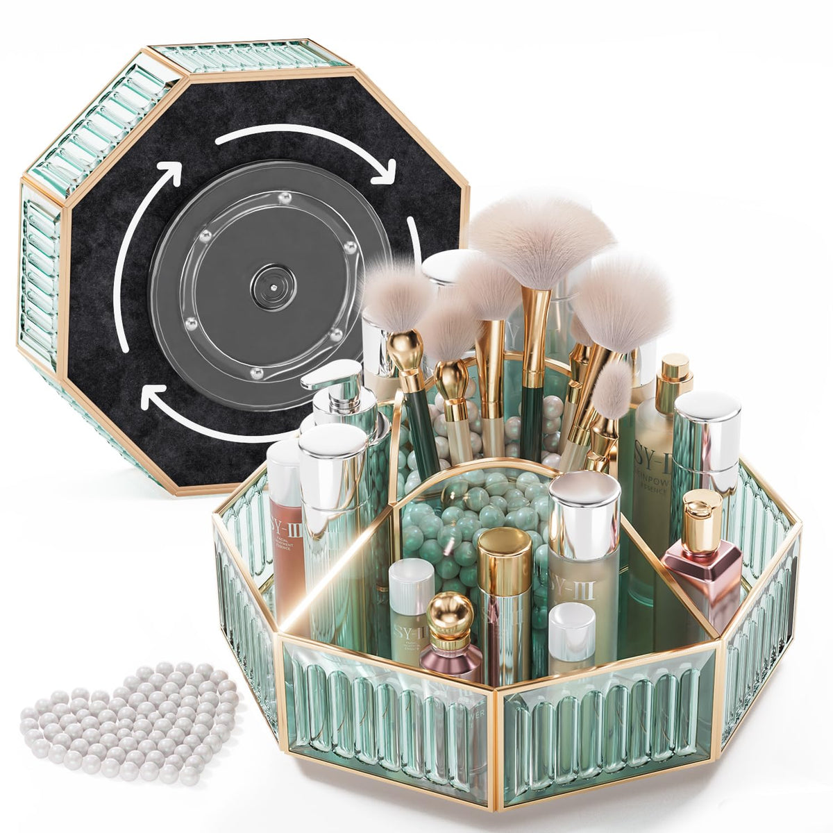 Coralhouse Light Green Rotating Makeup Organizer - High Hardness Glass Cosmetic & Skincare Holder