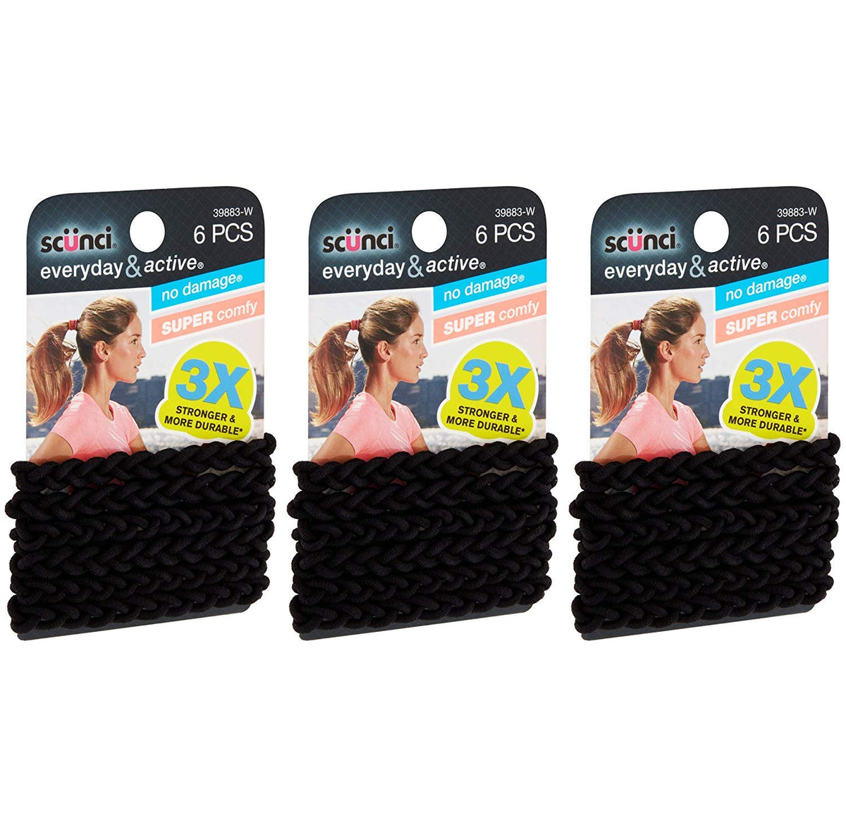 Scunci Everyday & Active 6-Pc Black Hair Elastics, 3 Packs - Durable Elastic Polymer