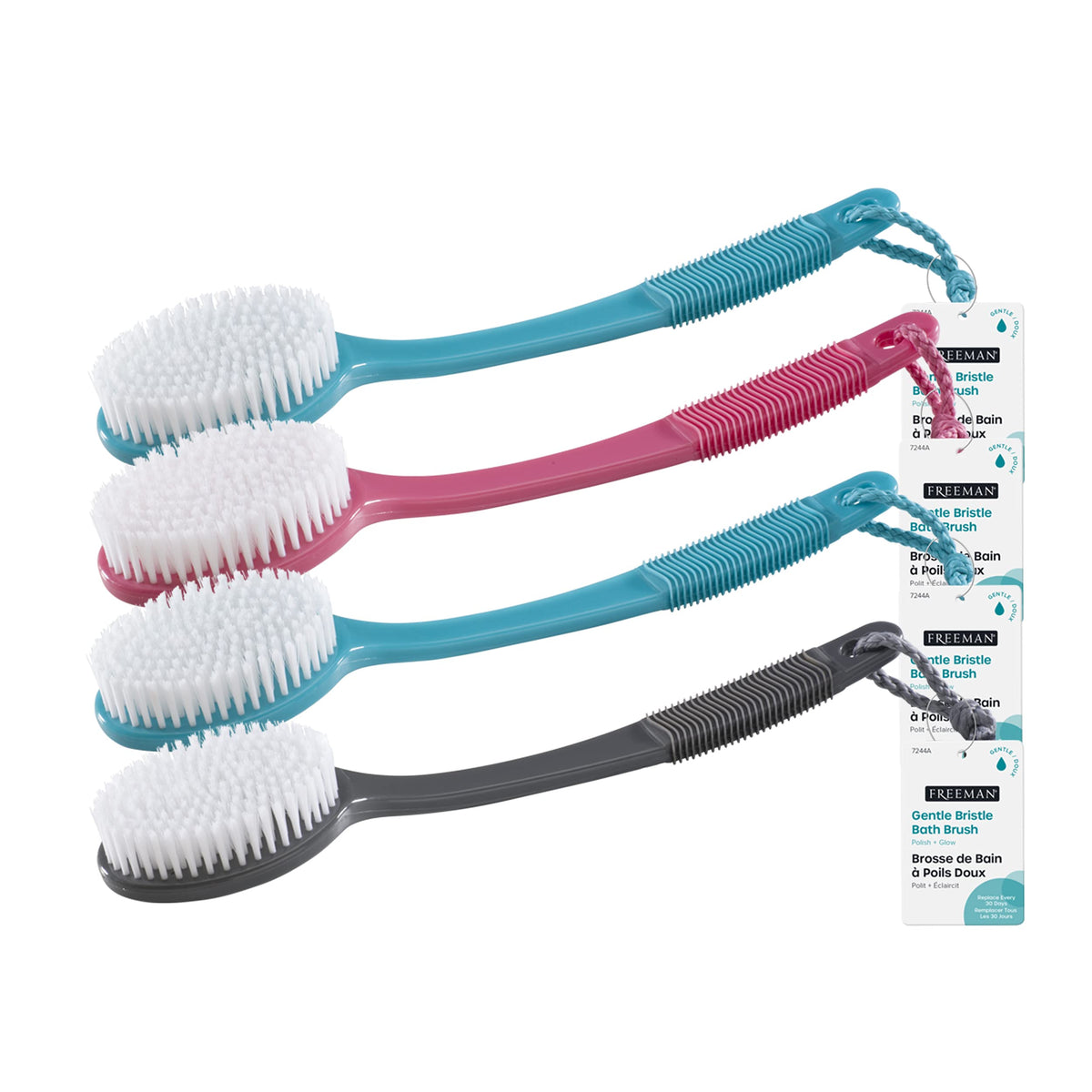 Freeman Gentle Bristle Bath Brush - Soft & Stiff Bristles For Exfoliating & Circulation, 4 Count