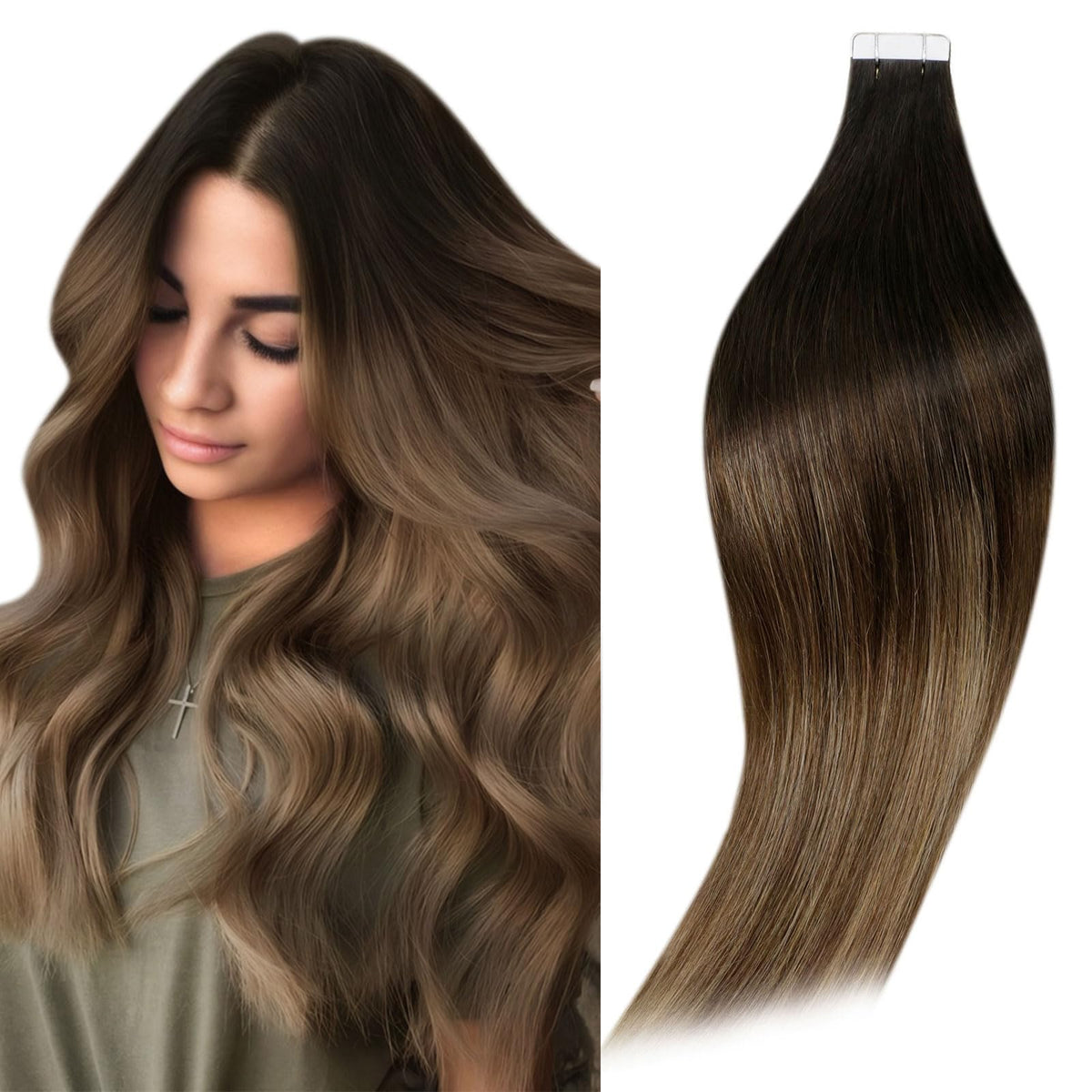 Runature 20&quot; Ombre Tape In Human Hair Extensions - Balayage Black To Brown & Caramel Blonde, 50G