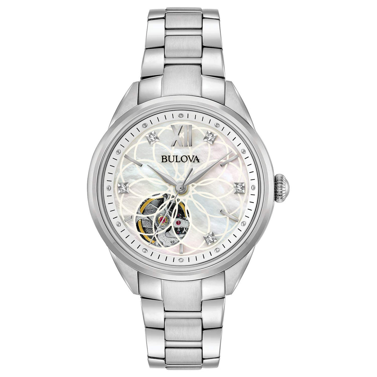 Bulova Ladies' 3-Hand Automatic Watch, White Mother-Of-Pearl Dial, Diamonds, Stainless Steel 96P181