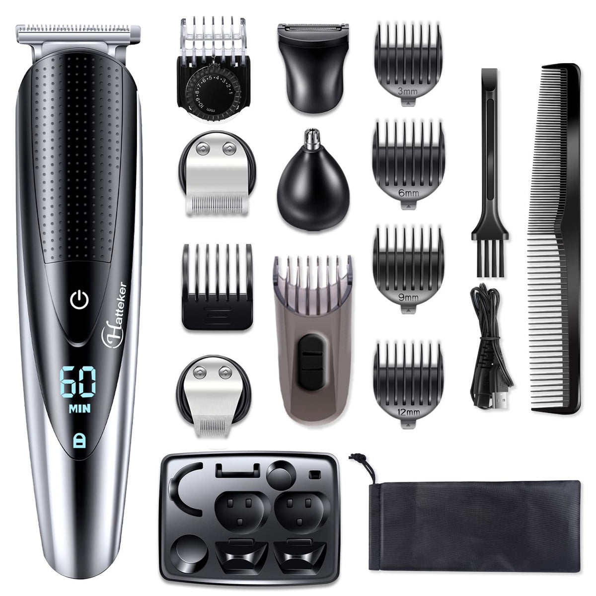 Hatteker 5-In-1 Hair Clipper & Beard Trimmer Kit - Cordless, Waterproof, Alloy Steel, 17 Pieces