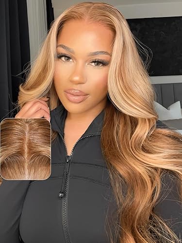 UNICE 20&quot; Body Wave Lace Front Wig - Human Hair Honey Blonde Highlight, Pre Plucked, 180% Density