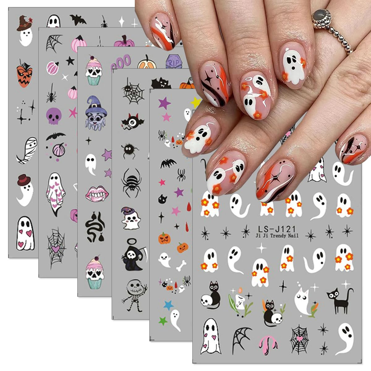 Powpop Halloween Nail Stickers - Ghost, Pumpkin, Cat, Bat, Skull, Spider Designs For Nail Art