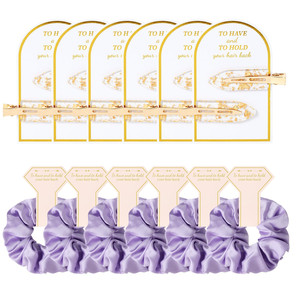 Aileam 12 Pcs Bridesmaid Hair Clips & Scrunchies - Silk Satin Bridal Shower Gifts, Gold & Purple