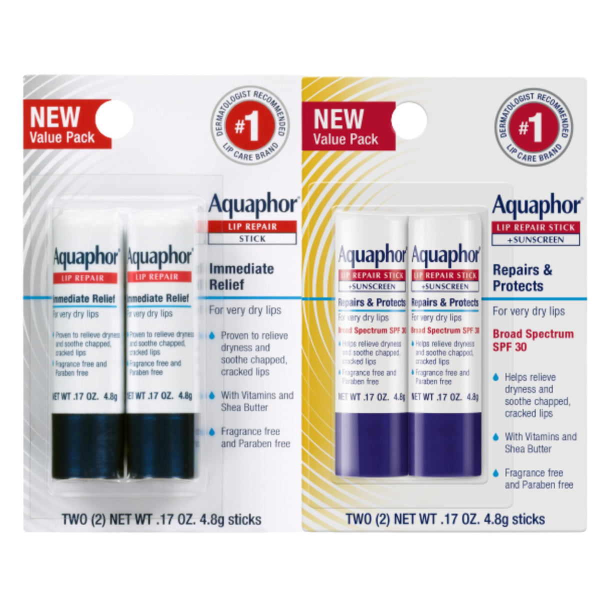 Aquaphor Lip Repair Stick 4-Pack With Spf 30 - Moisturizes & Protects Dry Lips