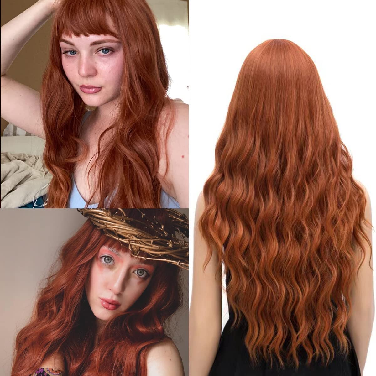 Netgo Long Wavy Orange Wig With Bangs - Heat Resistant Synthetic Ginger Curly Cosplay Wig For Women