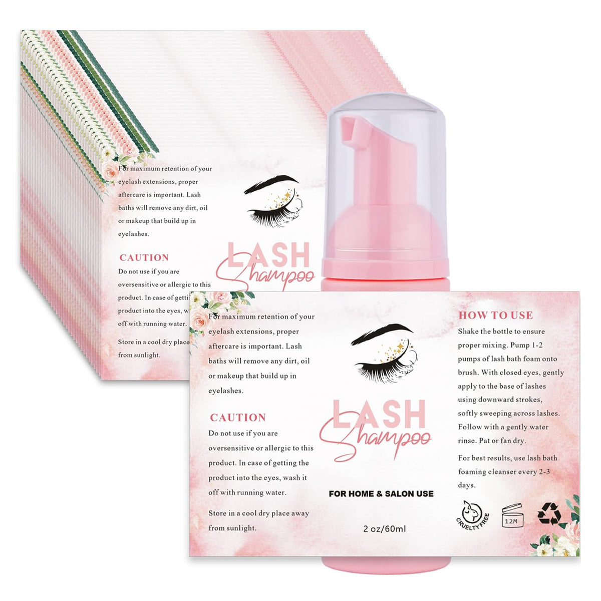 Nailslowee 50Pcs Pink Lash Shampoo Label Stickers For Foam Pump Bottle - Personalized Lash Bath