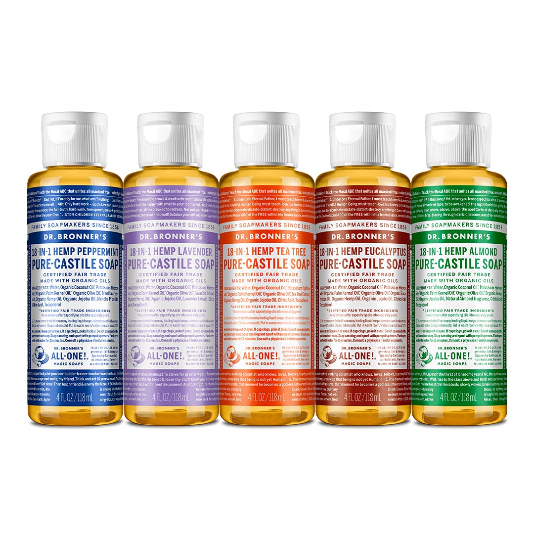 Dr. Bronner'S Pure-Castile Liquid Soap Variety Pack - 5 X 4Oz Organic Soap For Face, Body, Hair