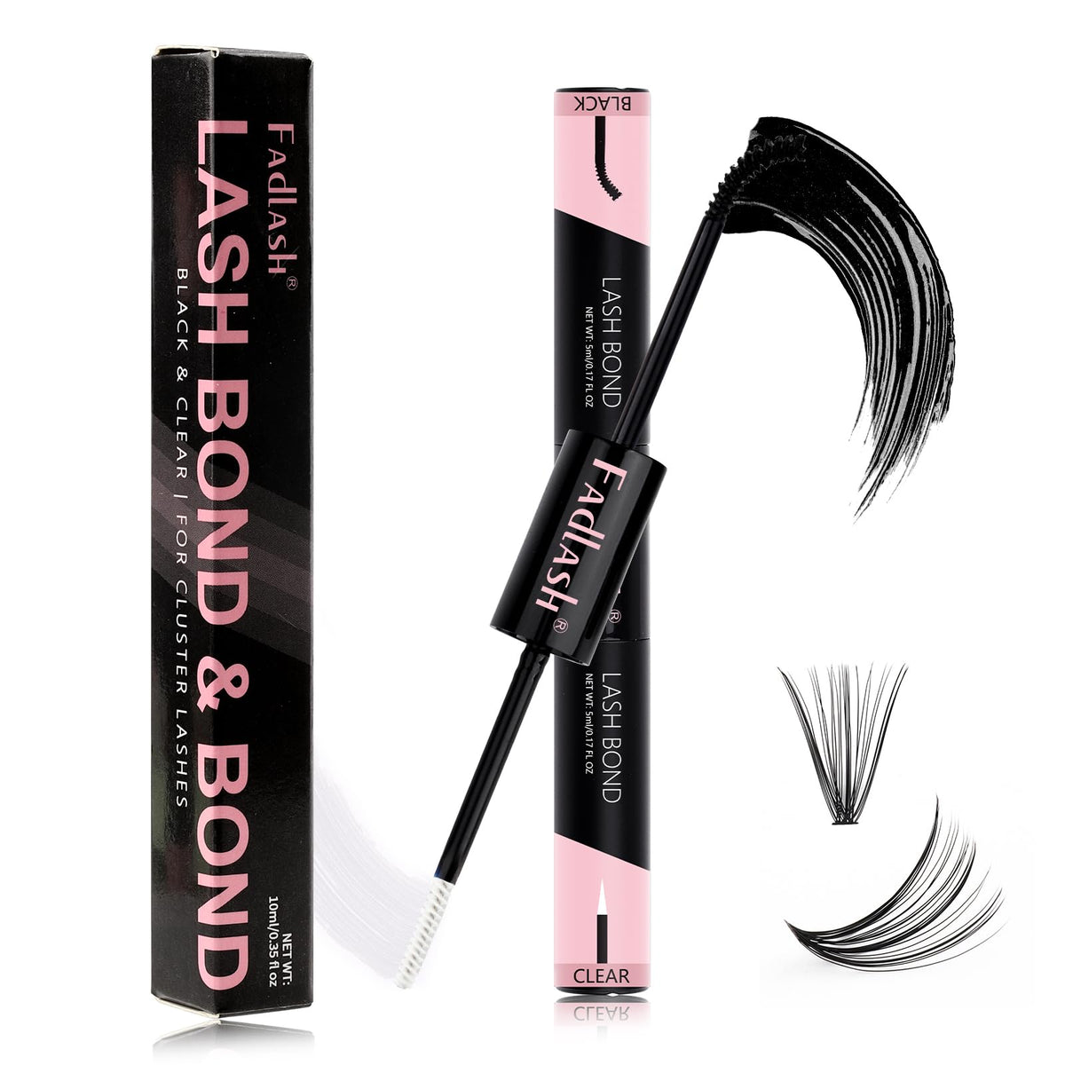 Fadlash Cluster Lash Glue 10Ml - Waterproof Eyelash Extension Bond, Strong Hold Black & Clear