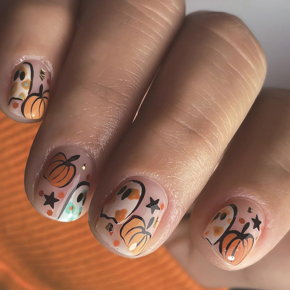 Ohwoda Halloween Fake Nails Short Square Press-On With Ghost & Pumpkin Designs For Women