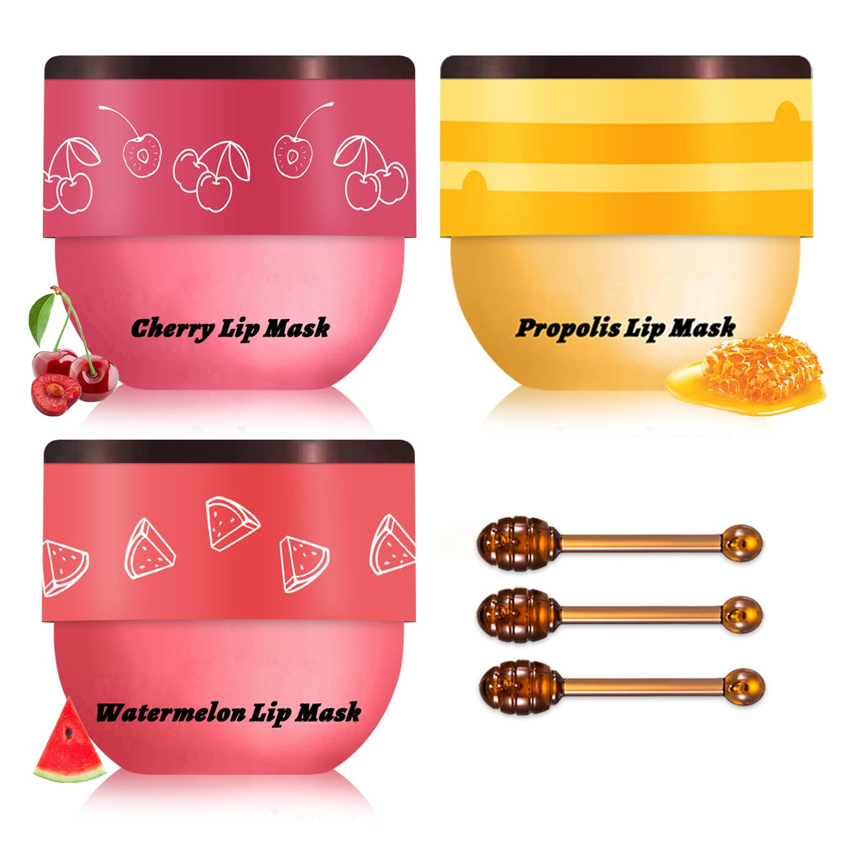 Qiufsse Honey Pot Lip Balm Set – 3Pcs Cherry, Watermelon & Honey – Moisturizing & Repairing