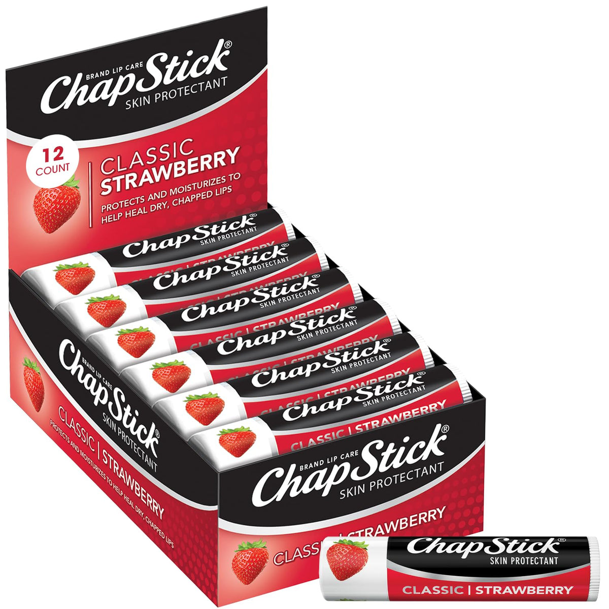 Chapstick Classic Strawberry Lip Balm, 12 Sticks, 0.15 Oz Each - Skin Protectant, Red