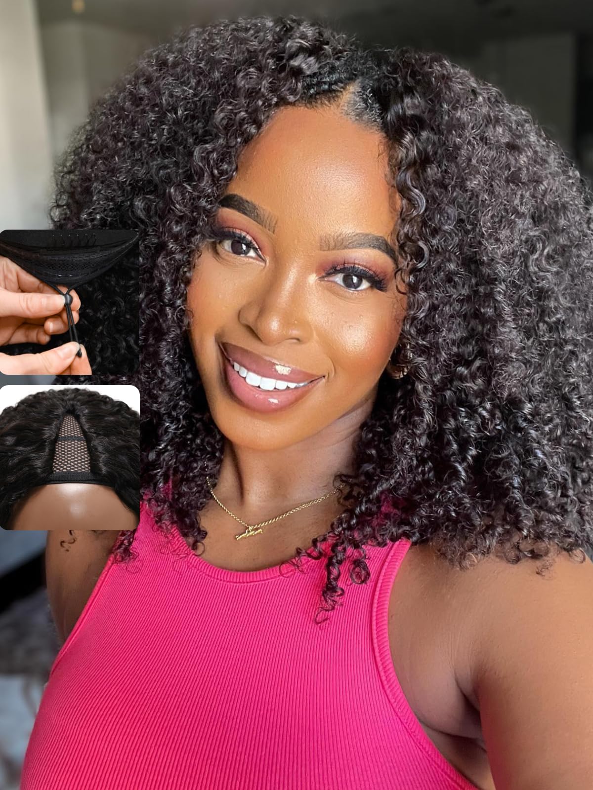 Unice 16&quot; Afro Kinky Curly V Part Wig - Glueless Human Hair Clip-In, 180% Density, Beginner Friendly