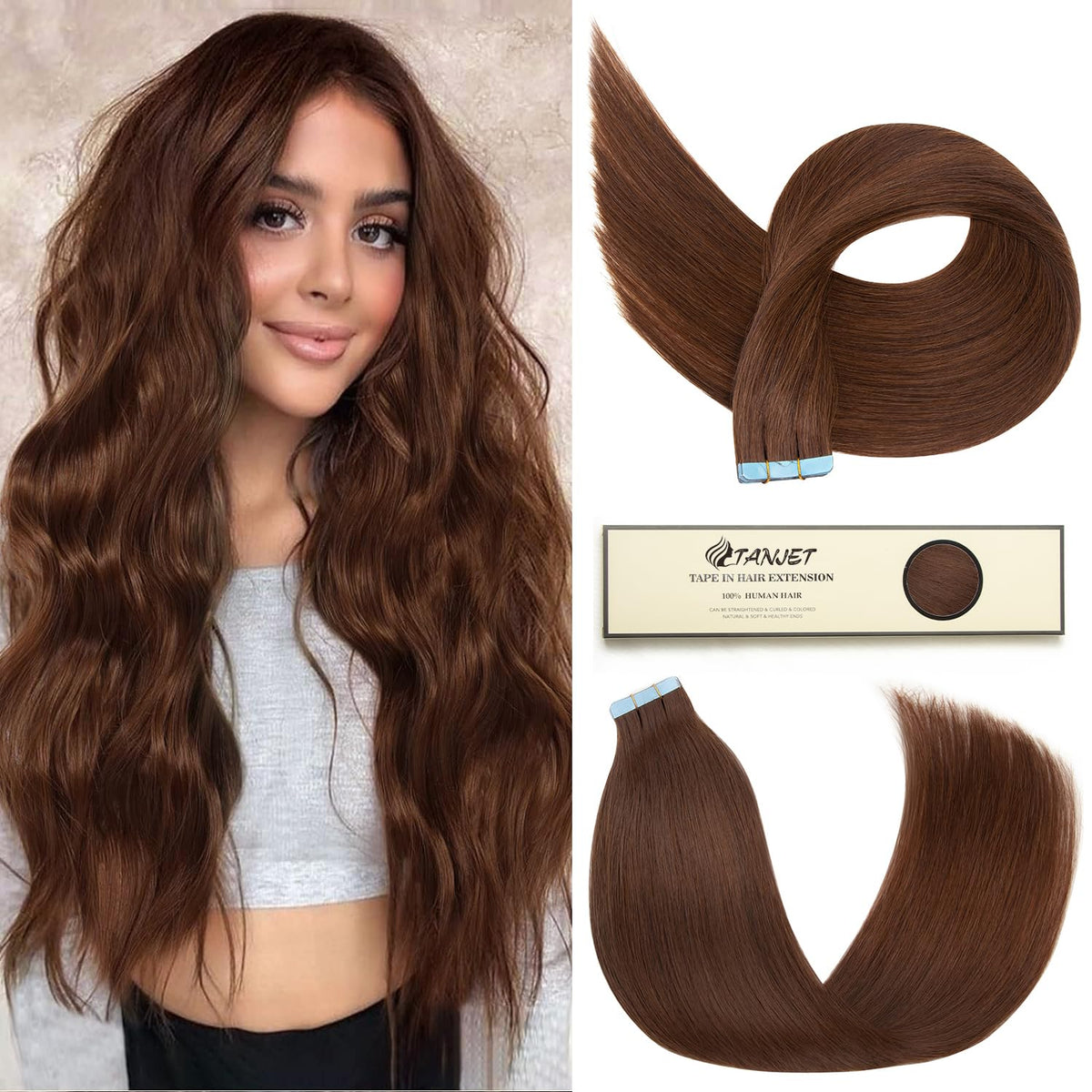 Tanjet 14&quot; Tape In Human Hair Extensions - Chocolate Brown, 100% Real Hair, 20Pcs