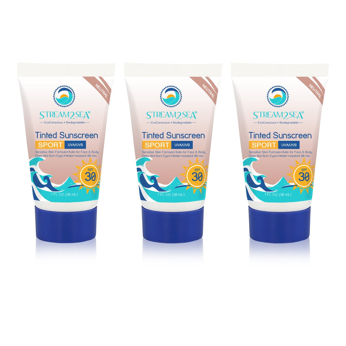 STREAM 2 SEA SPF 30 Biodegradable Sunscreen, Reef Safe, 3 Travel Size 1 Fl Oz, Paraben Free