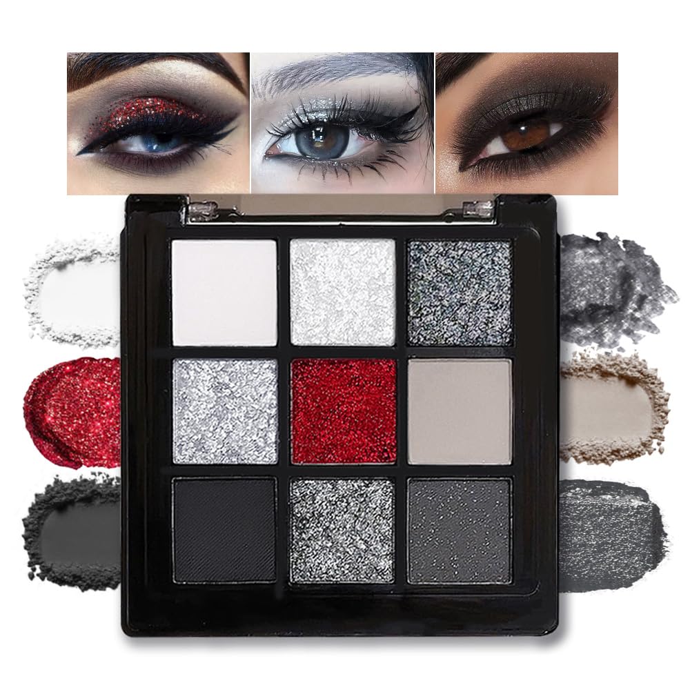 Cakaila Smokey Black Red Eyeshadow Palette - 9 Pigmented Colors For Halloween & Parties