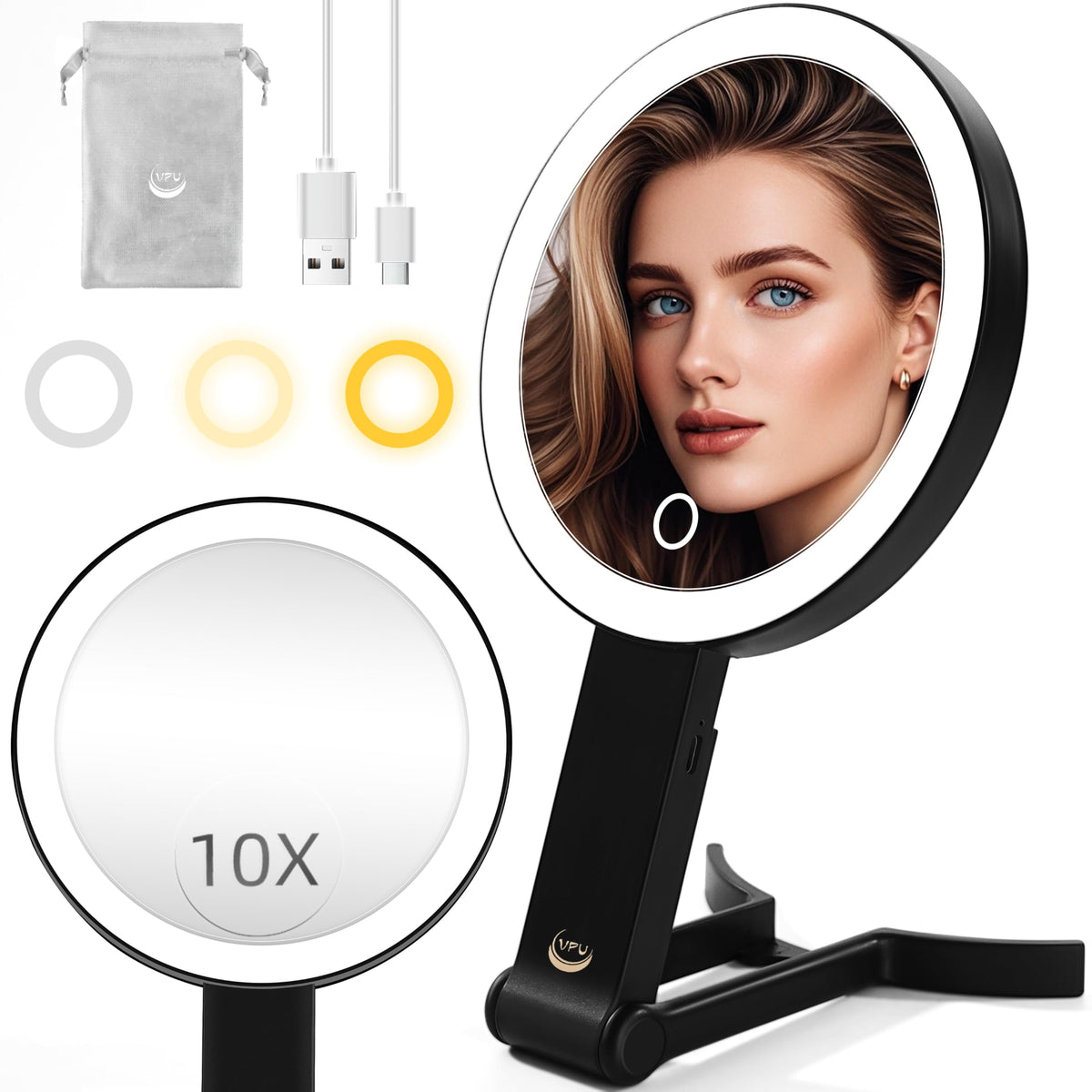 Vpu Travel Makeup Mirror With Lights, 10X/1X Double Sided, Rechargeable, Dimmable, Black